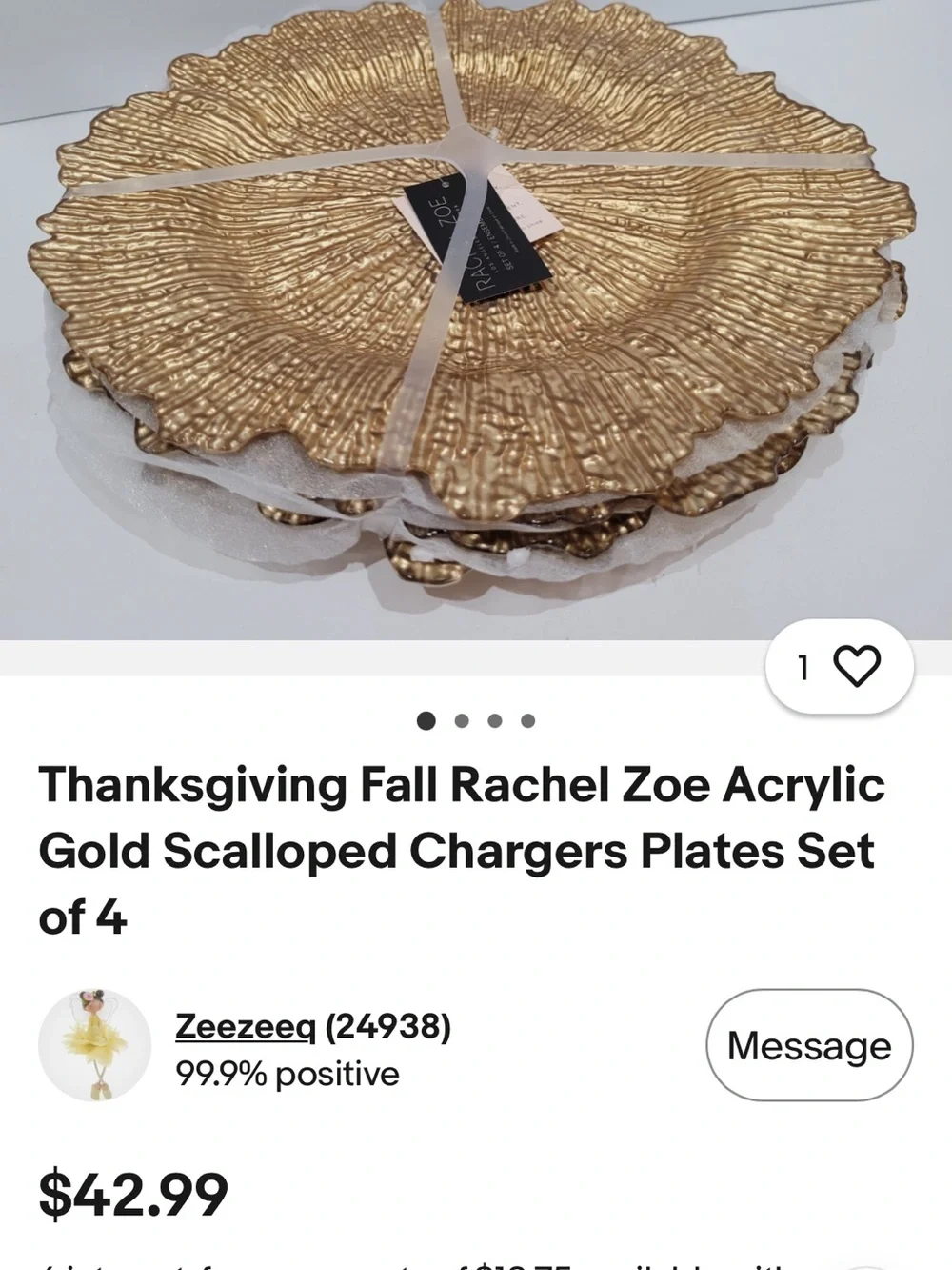 Thanksgiving fall Rachel Zoe acrylic Gold scallop charger plates set of four